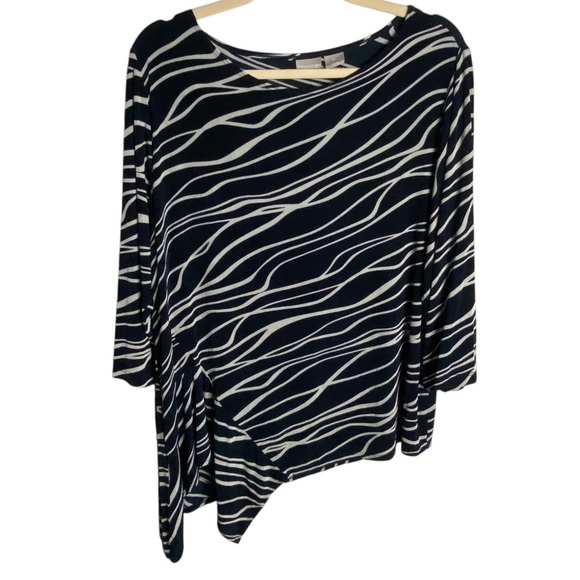 Chicos Travelers Size 3 Petite Aysmetrical Tunic Top Navy Blue White Slinky - Picture 1 of 7